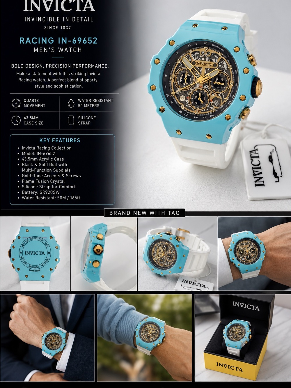 Invicta Men's Racing IN-69652 Turquoise Silicone Strap Watch
